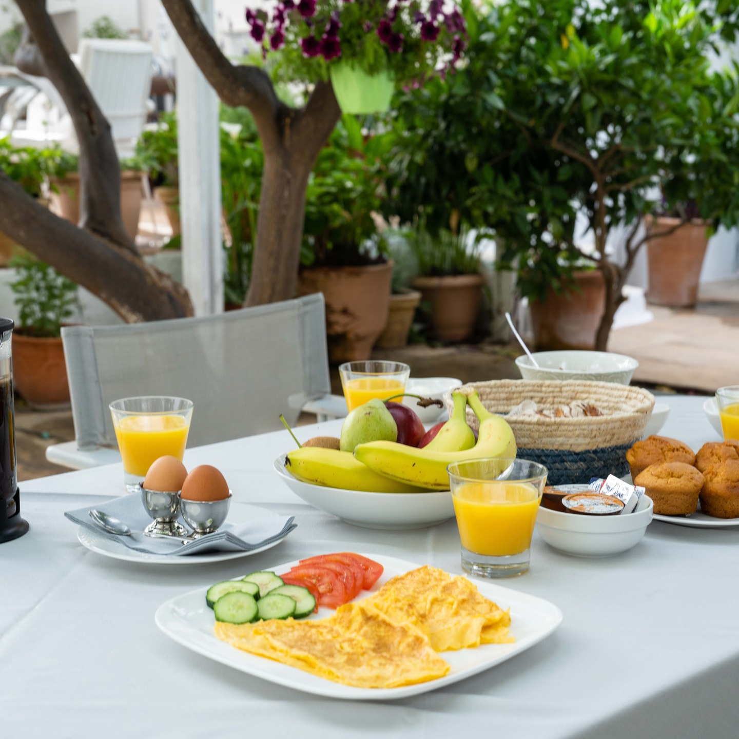 Breakfast in our garden can be so relaxing… 🥐☕️🥤🍶
Colours all around you, birds singing, soft music in the background, and the gentle morning light settling on every corner. 
A slow, peaceful start to the day, just the way Hydra feels.

#garden #BreakfastVibes #islandlife #mirandahydra